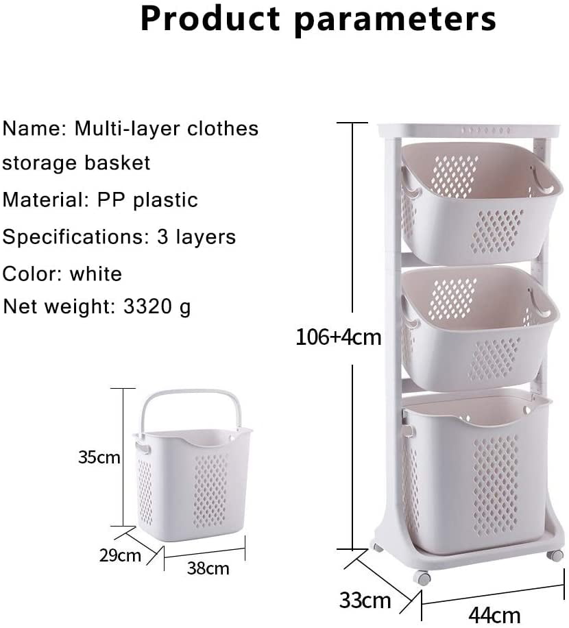 43.3 Inches Rolling Slim Laundry Hamper on Wheels Clothes Basket 3 layers Home 