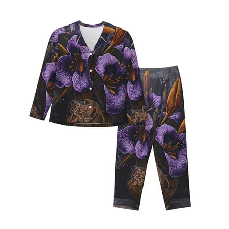 Horeoi Ornate Purple Floral Vase Pattern Fashion Long Sleeve Button Cardigan Pajamas Set Loose Two-Piece Sleepwear For Women with Long Pants-X-Large
