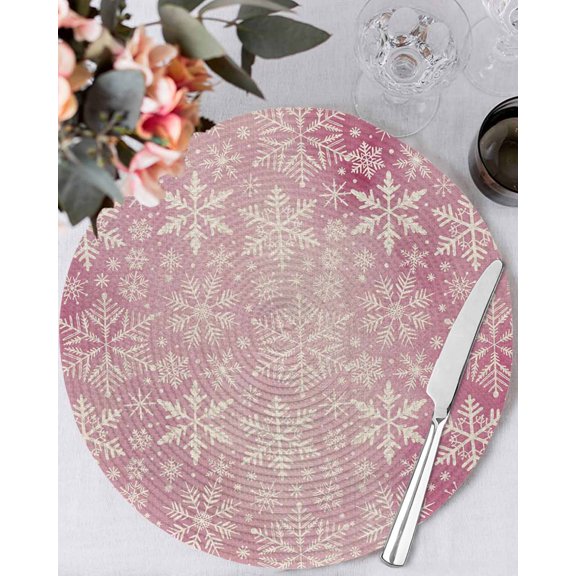 13 Inch Round Placemats Set of 4, Christmas Non Slip Heat Insulation PP Table Mats, Pink Watercolor Snowflakes Pattern Winter Washable Place Mats for Kitchen Dining Party Table Decor
