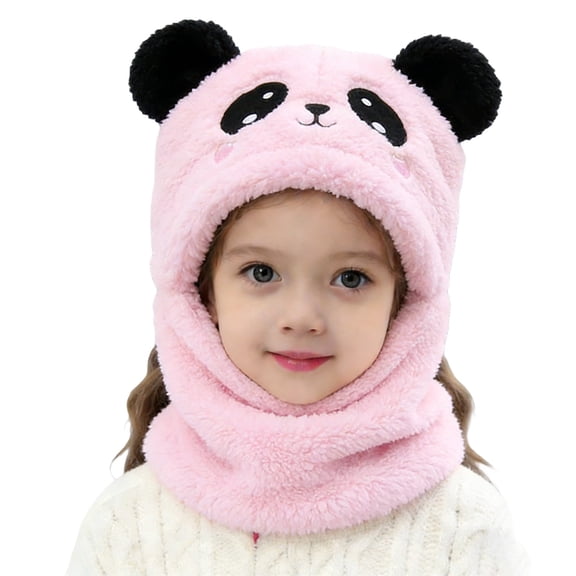 VNKIDY Girls Boys Earflap Hats Kids 2-in-1 Hood With Attached Scarf Plush Warm Pullover Hat For Winter Outdoor Daily Wear Pink