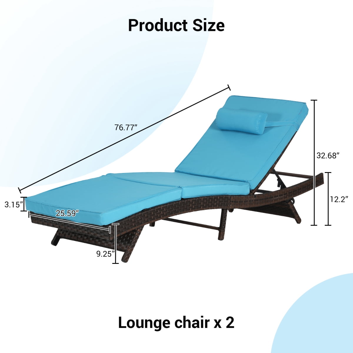 Outdoor Wicker Reclining Lounge Chair Set of 2, Adjustable 5-Position Backrest up to 150 ° , Sunbathing Chairs with Thick Cushions for Beach Poolside Garden, Blue