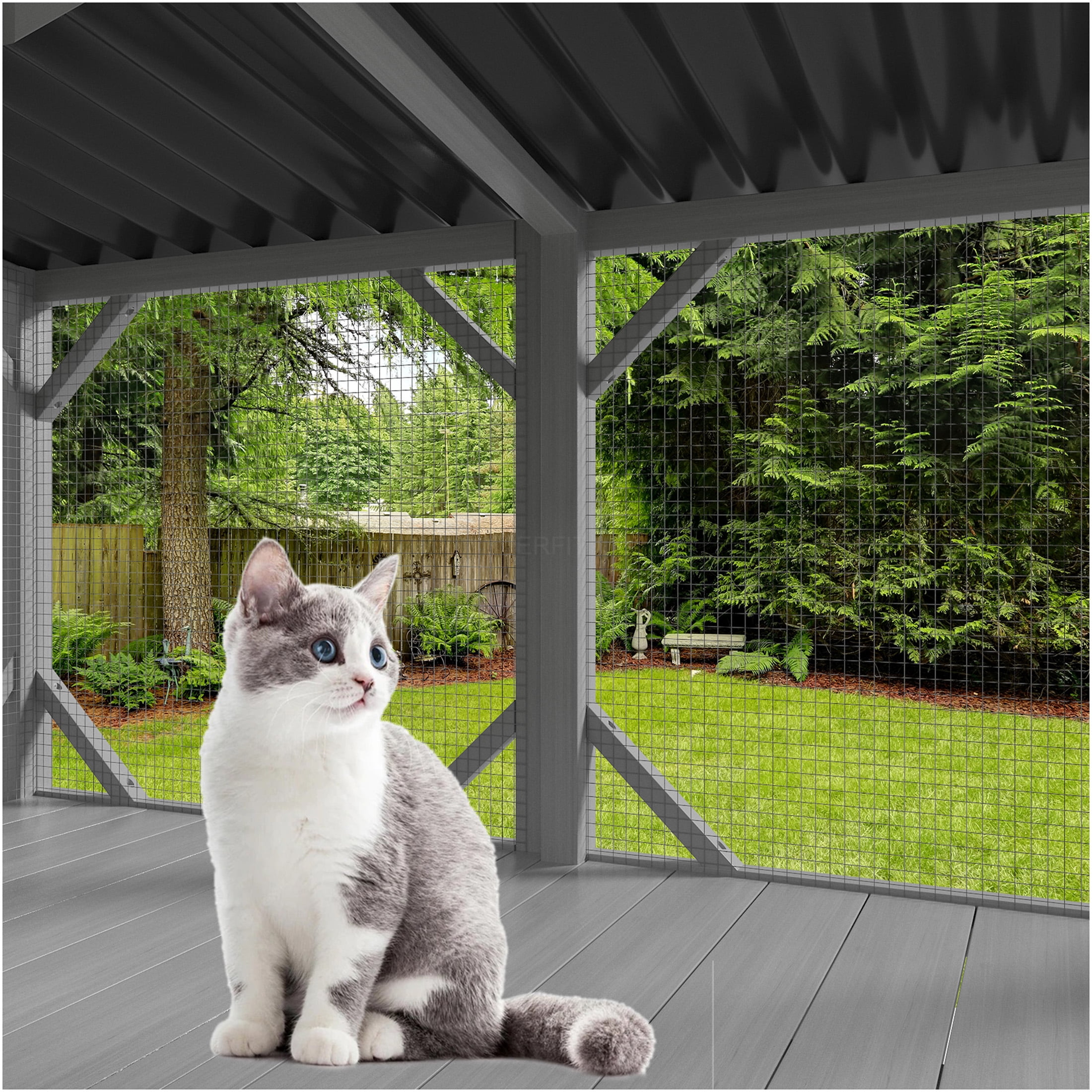 JERFIT Cat Window Enclosure for Large Cats, 3-Sided Mesh Panoramic View Catio Perch with Wood Frame, Grey