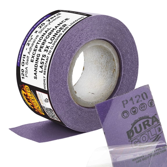 Dura-Gold Premium 120 Grit PSA Purple Film Ceramic Longboard Sandpaper, 2-3/4" Wide Continuous 20 Yard Roll - Self Adhesive Stickyback for Auto & Wood Air File Long Board Sanders