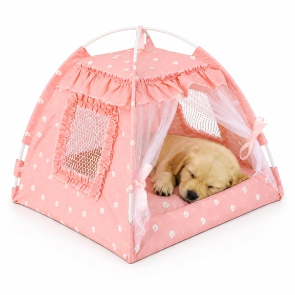 Dog Tent Indoor, 13.8 x 13.8 x 13.0 in Cat Tents for Indoor Cats with Cushion, Elegant Dog Bed with Lace Mesh Window, Foldable Pink Pet Teepee for Small Pets Up to 5.5 lbs