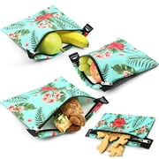 Nordic By Nature 4 Pack - Reusable Sandwich Bags Dishwasher Safe BPA Free - Durable Washable Quick Dry Cloth Baggies -Reusable Snack Bags For kids school lunches - (Tropical Flowers)