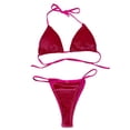 thumbnail image 4 of Women's Velvet Bathing Suit Halter Top and Micro Thongs Set Backless Lace Up Two Pieces Swimsuit for Beach, 4 of 6