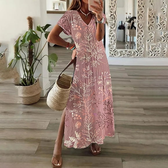 LOVZFMLL Womens Spring And Summer V-Neck Solid Casual Short Sleeved Long Dress Red 4XL