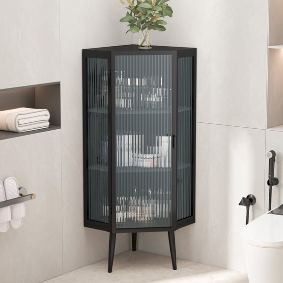 Black 22.25'' Three-Tiered Glass Door Cabinet / Match Any Home Interior