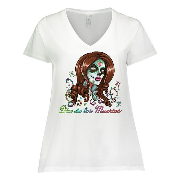 Inktastic Día de los Muertos Woman in Sugar Skull Makeup Women's Plus Size V-Neck T-Shirt