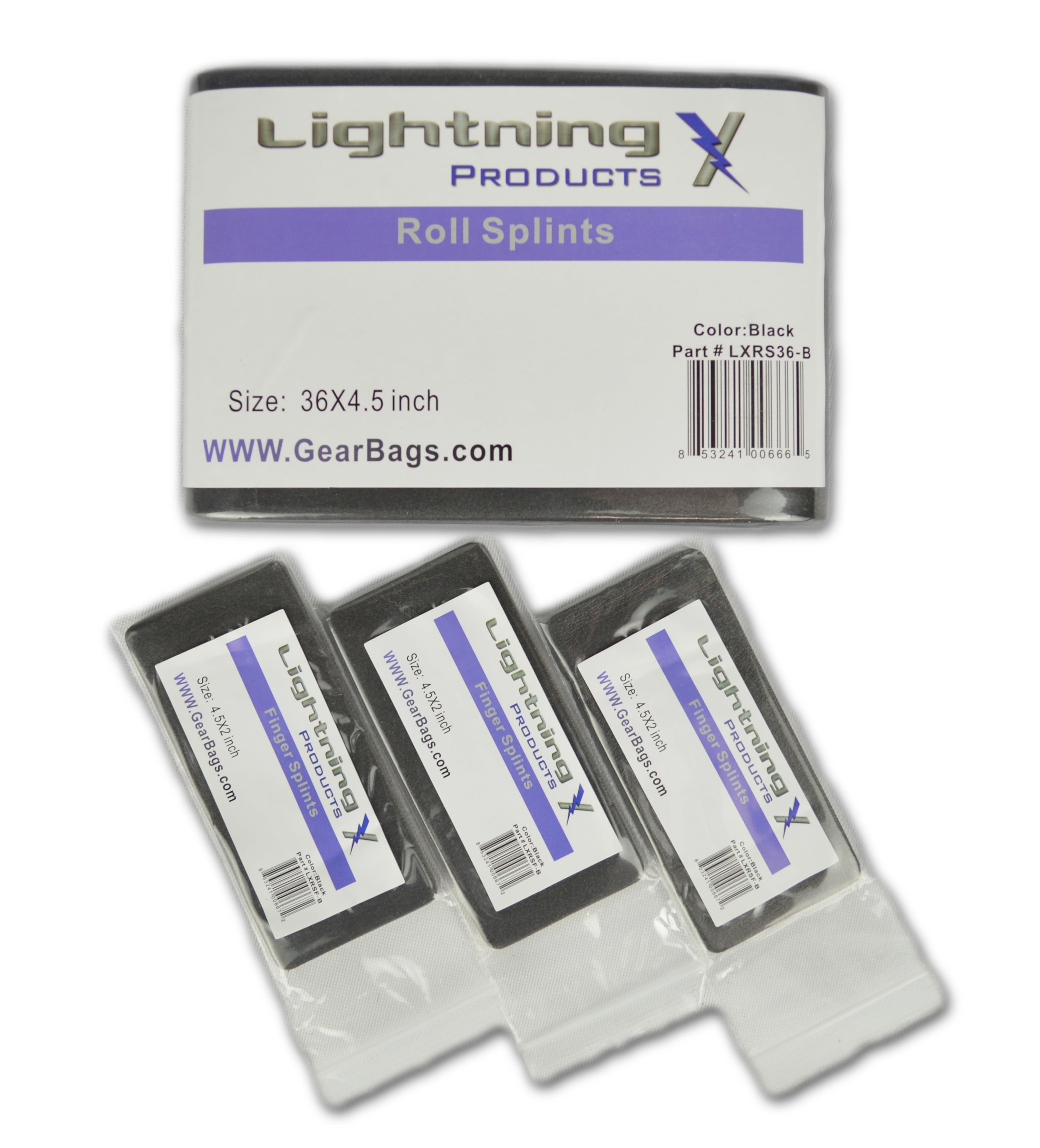 Lightning X Universal Padded Aluminum Medical Splint Kit - 36' Roll Splint + 3 Finger Splints - Tactical Black/Gre