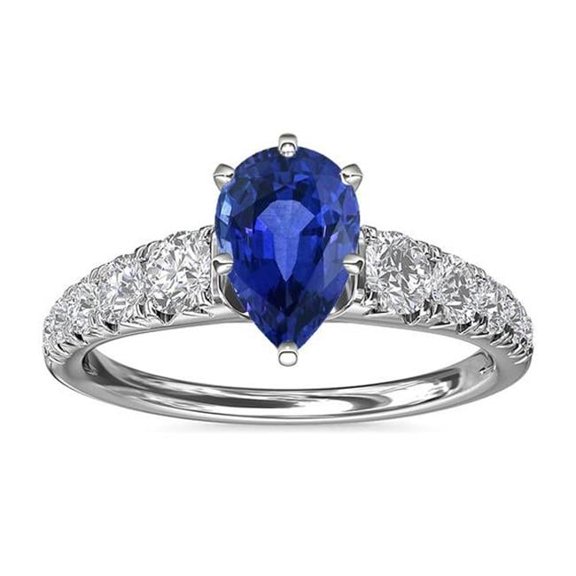 Harry Chad Enterprises 66939 3.50 CT Blue Sapphire Pear Shaped & Diamonds Engagement Ring, Size 6.5