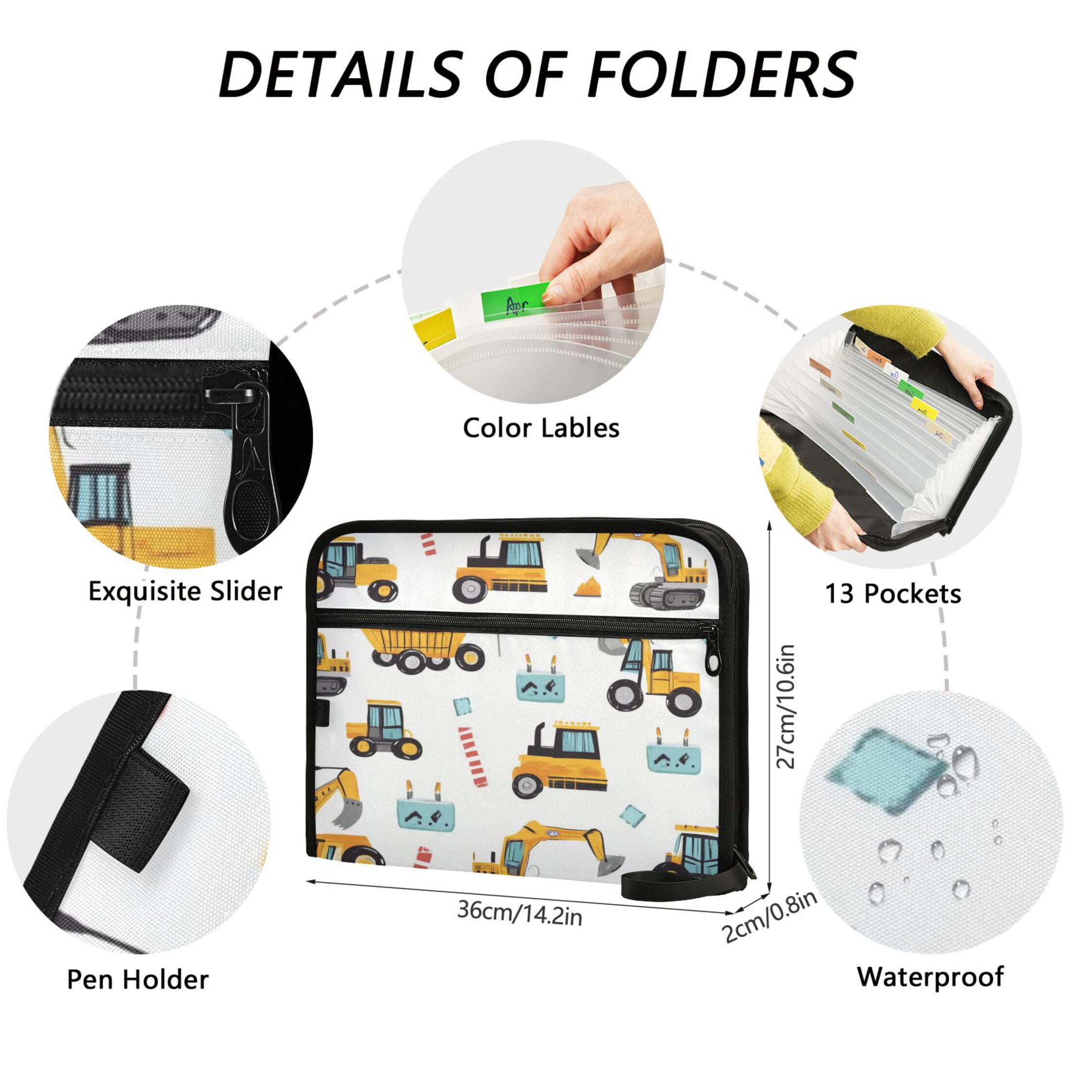Accordion File Organizer with Zip Closure 13 Pockets Expanding File Folder Letter A4 Paper Document Organizer for Home Office Construction Trucks and Excavators