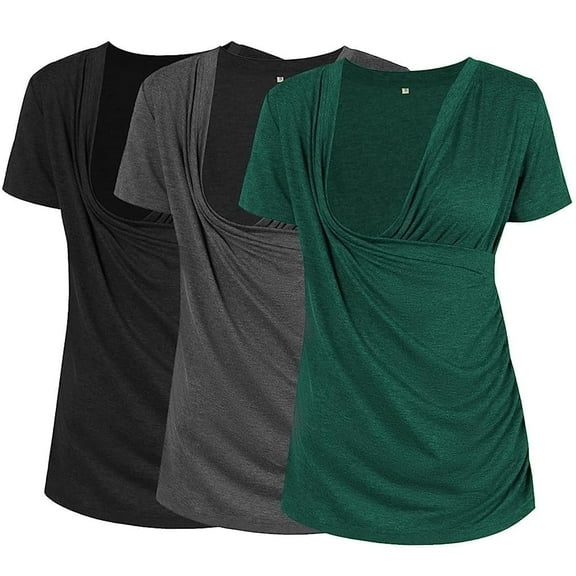 Ecavus Women's Maternity Nursing Tops Short Sleeve V-Neck T-Shirts 3-Pack Black Dark-Grey Hunterbr M