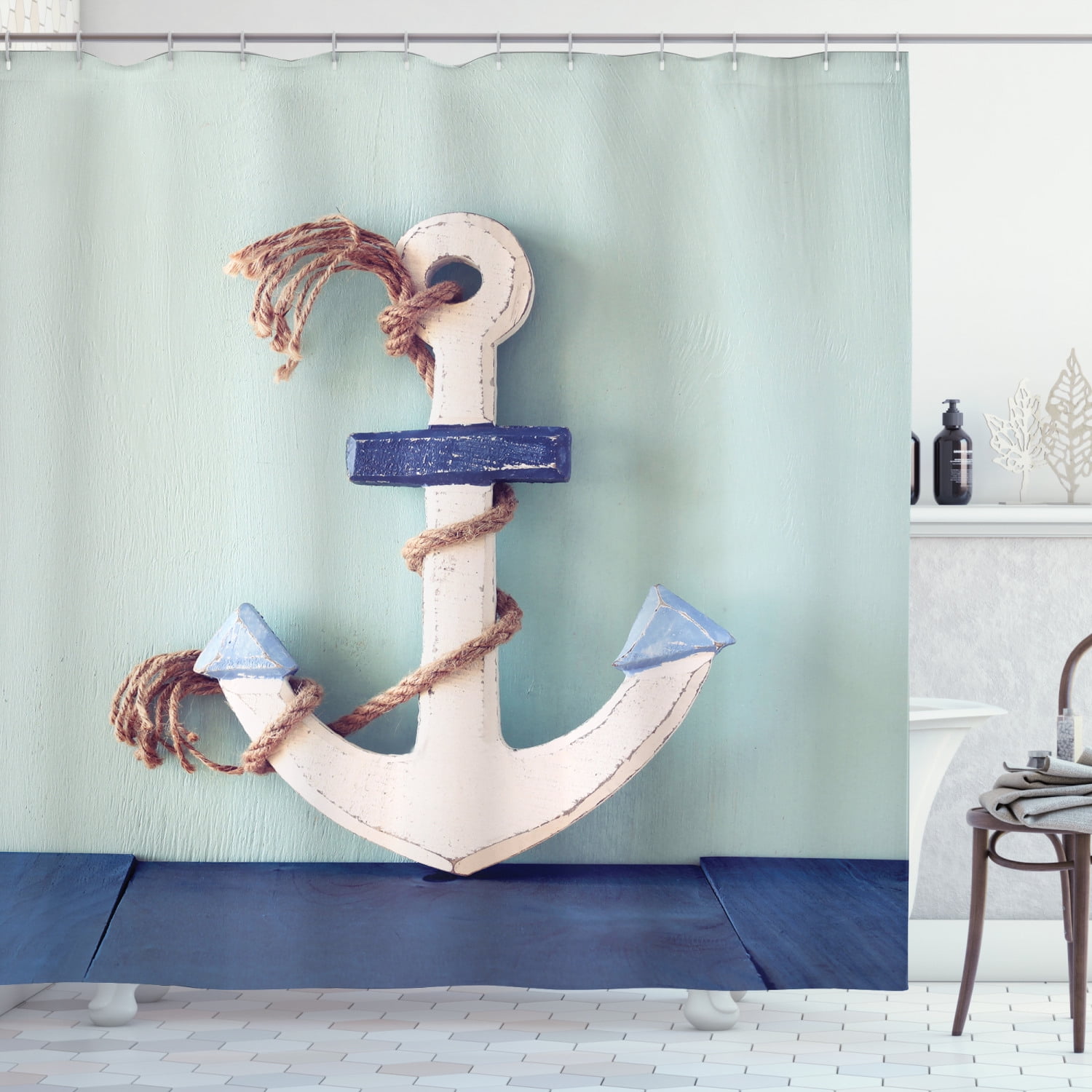 Rusty Anchor and Rope Nautical Coastal Decor Polyester Fabric Shower