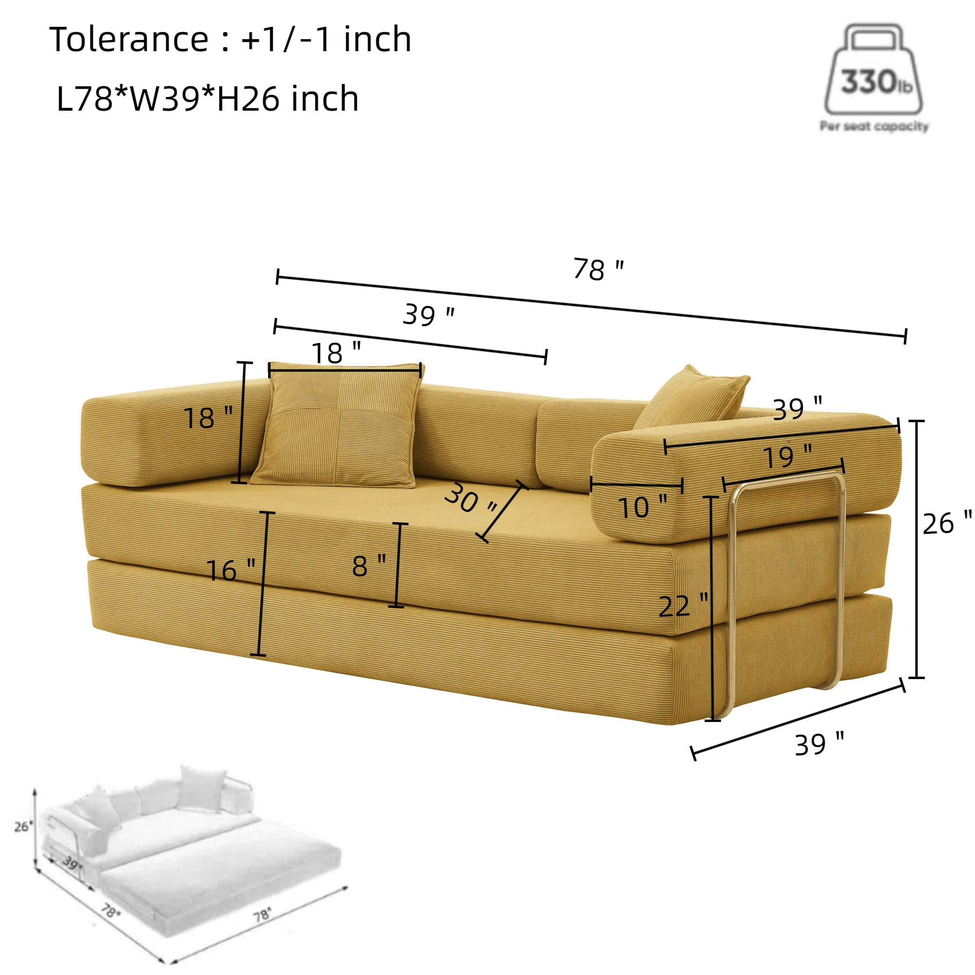 Jopath 78" Convertible Sofa Bed with Fixed-Shape Frame and Removable Armrests,Futon Boneless Couch Lounge Loveseat with 2 Pillows,Folding Mattress Couch for Living Room,No Assembly Needed,Yellow
