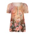 thumbnail image 4 of DeHolifer Women Tops Cotton Elegant Floral Print Summer Cool Tees Short Sleeve V Neck Button Blouse Casual Loose Tunic Tops Brown S, 4 of 5