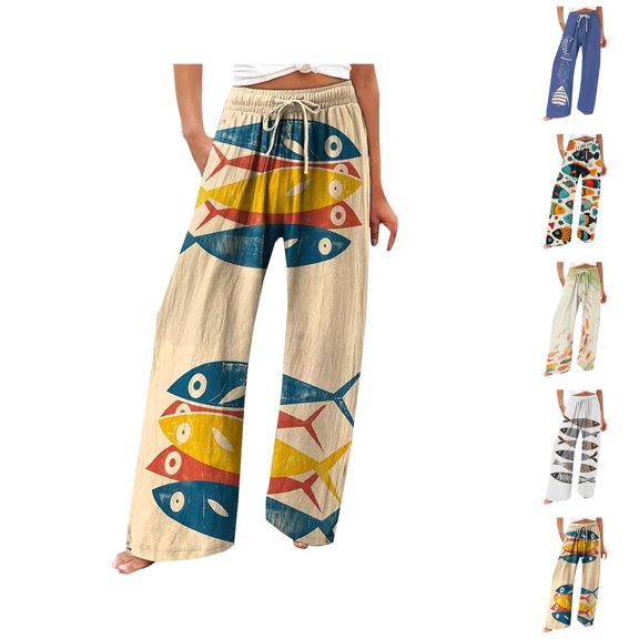 Palazzo Pants for Women 2026 Spring Summer Elastic High Waist Wide Leg Loose Flowy Cotton Linen Beach Pants with Pockets