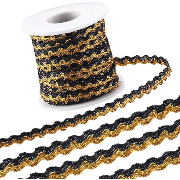 16,4 yardas x 5 mm Cinta de flecos ondulados negros y dorados con brillo metálico, cinta zigzag trenzada, encaje de borde ondulado, cinta tejida, cinta en zigzag