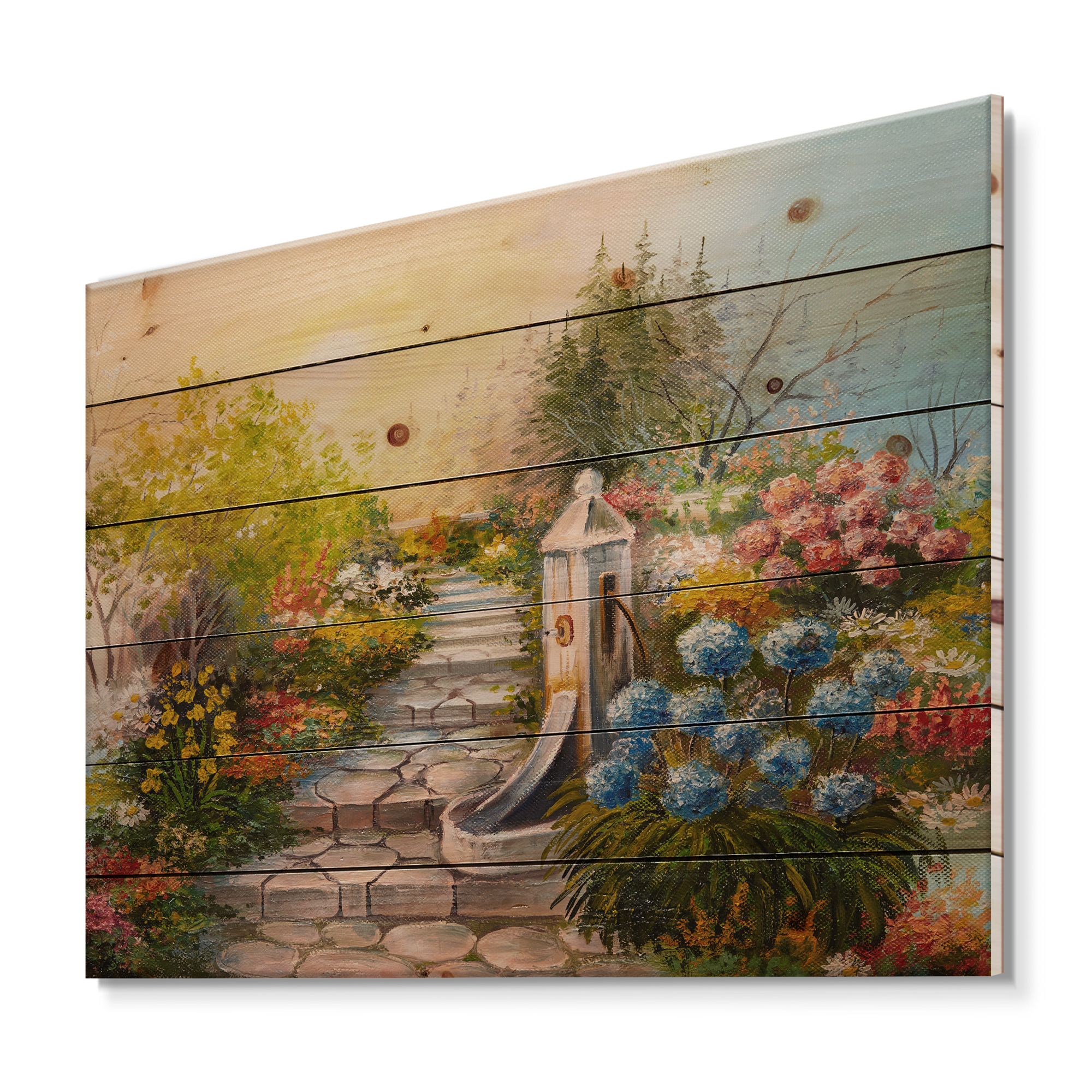 Designart 'Stone Stairs In The Blossoming Flowers Forest' Traditional Print on Natural Pine Wood