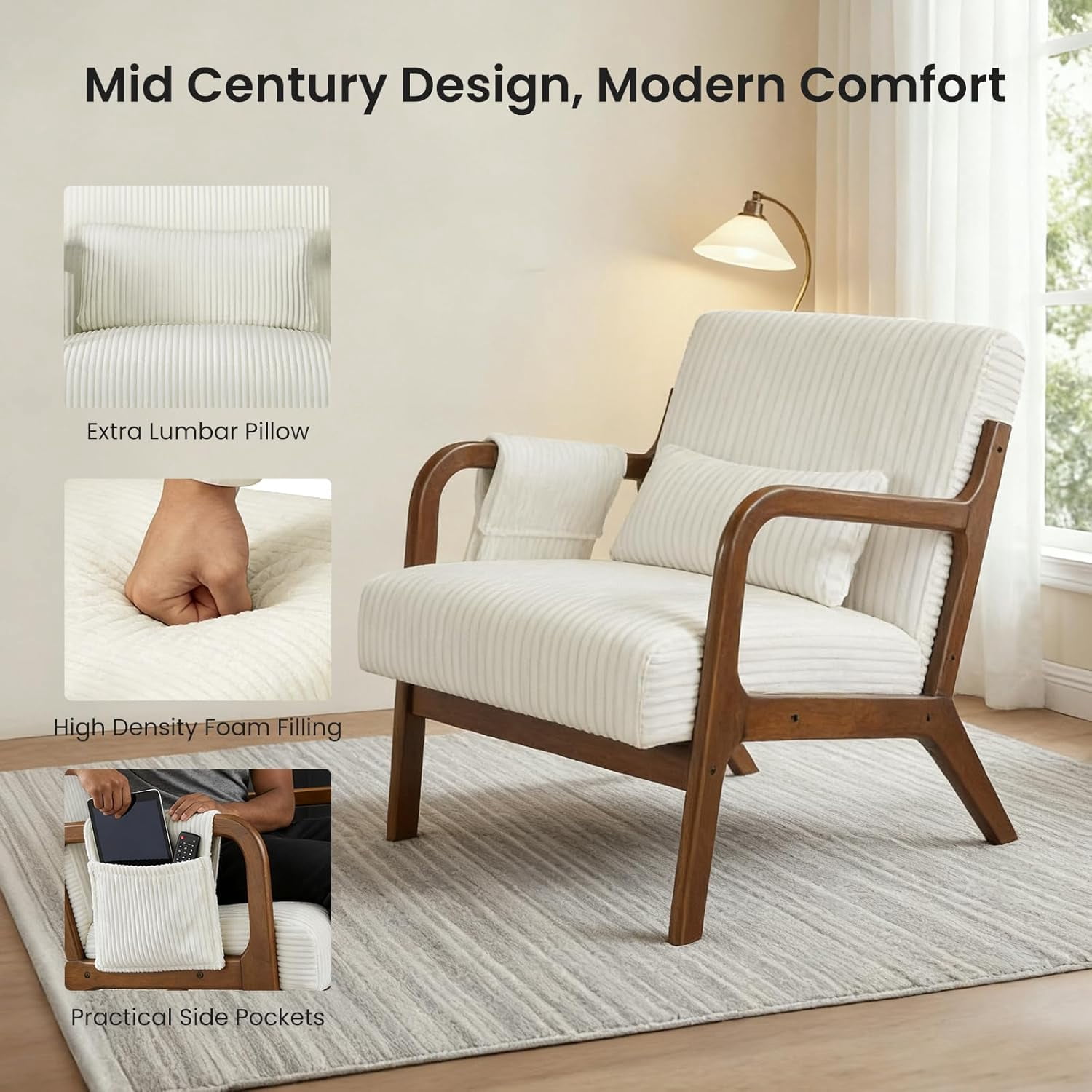 Mid Century Modern Accent Chair, Upholstered Comfy Armchair with Lumbar Pillow, Solid Wood Frame, Comfy Reading Chair for Living Room, Beige