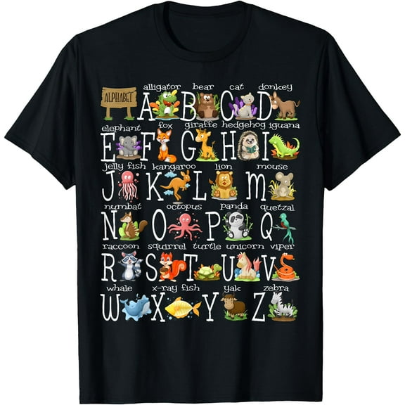 Alphabet Animals Back to School Pre-K Kindergarten Teacher T-Shirt,Black