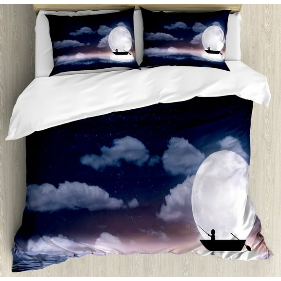 Full Moon Duvet Cover Set Queen Size, Pattern of Fisherman in Boat Night, Decorative 3 Piece Bedding Set with 2 Pillow Shams, Dark Violet Blue Charcoal Grey Pale Purpleblue Pale Rose, by Ambesonne