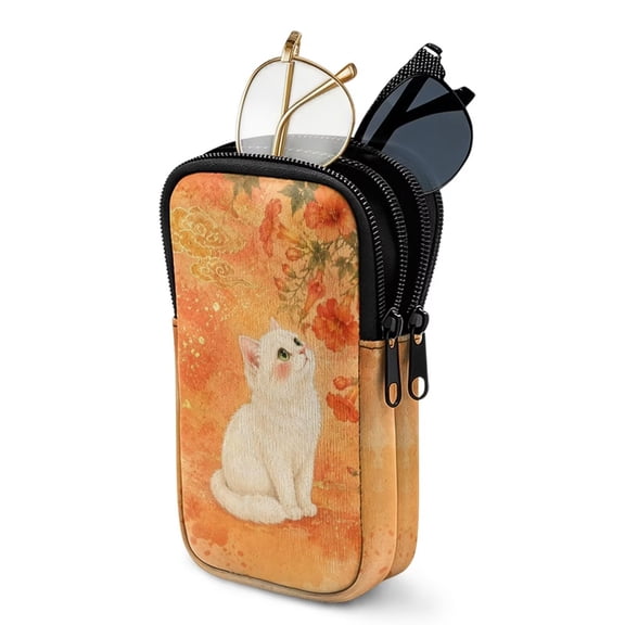 SEANATIVE Double Eyeglass Case Zipper Glasses Case Sunglasses Pouch for 2 Pairs of Eyeglasses Sunglasses, Multifunctional Eyewear Organizer Portable Eyewear Accessories, White Cat Print Orange