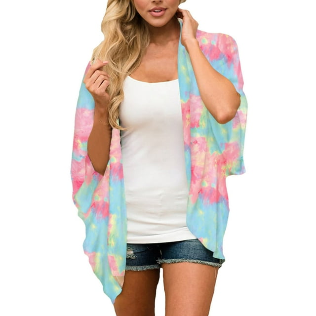 asddcavvf Cardigan pour Femmes Été Floral Imprimé Manches Bouffantes Kimono en Chiffon Cardigan Ample