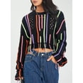 thumbnail image 2 of Sedceaty Women's Autumn Short Sweater, Colorful Stripe Long Sleeve Round Neck Loose Knit Pullover with Tassel Decoration, 2 of 8