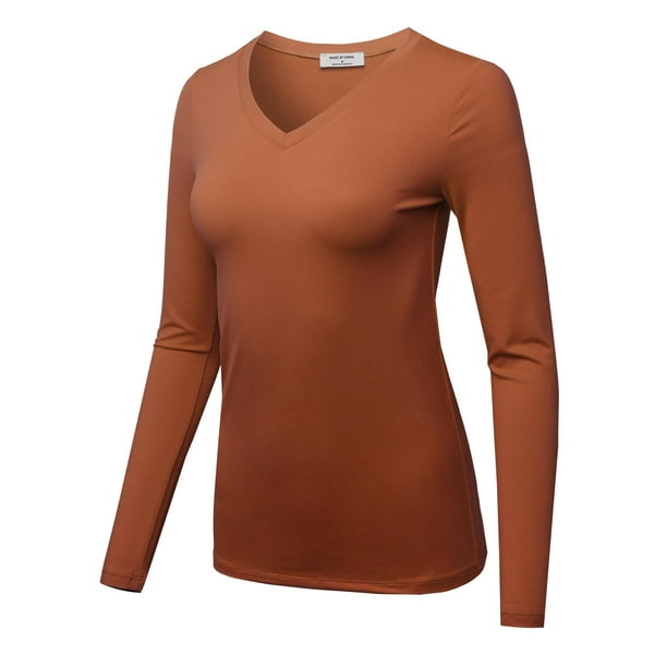 FashionOutfit Women's Solid Basic Fitted TShirt VNeck Long Sleeves