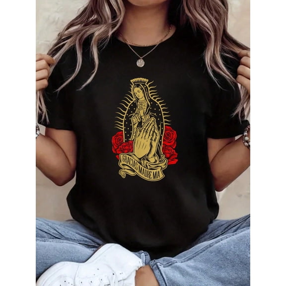 Retro Virgin of Guadalupe Graphic Tee - Gracias Madre Mia Religious Praying Hands Roses Women's Black Cotton T-Shirt - Vintage Catholic Faith Inspired Apparel