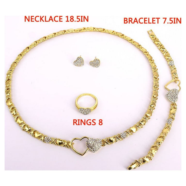 Women's Girls XOXO Hugs & Kisses Necklace Set - Ring Bracelet & Earrings  Jewelry Set 18k Real Gold Plated