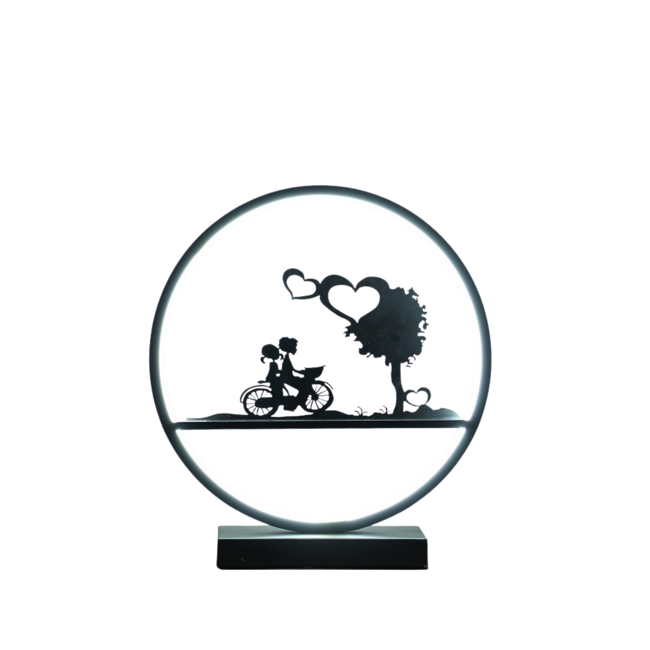Noble House 13" LED Accent Table Lamp, Girl and Boy on Bicycle, Ring Shape Desk Lamp, Inline Switch, Matte Black