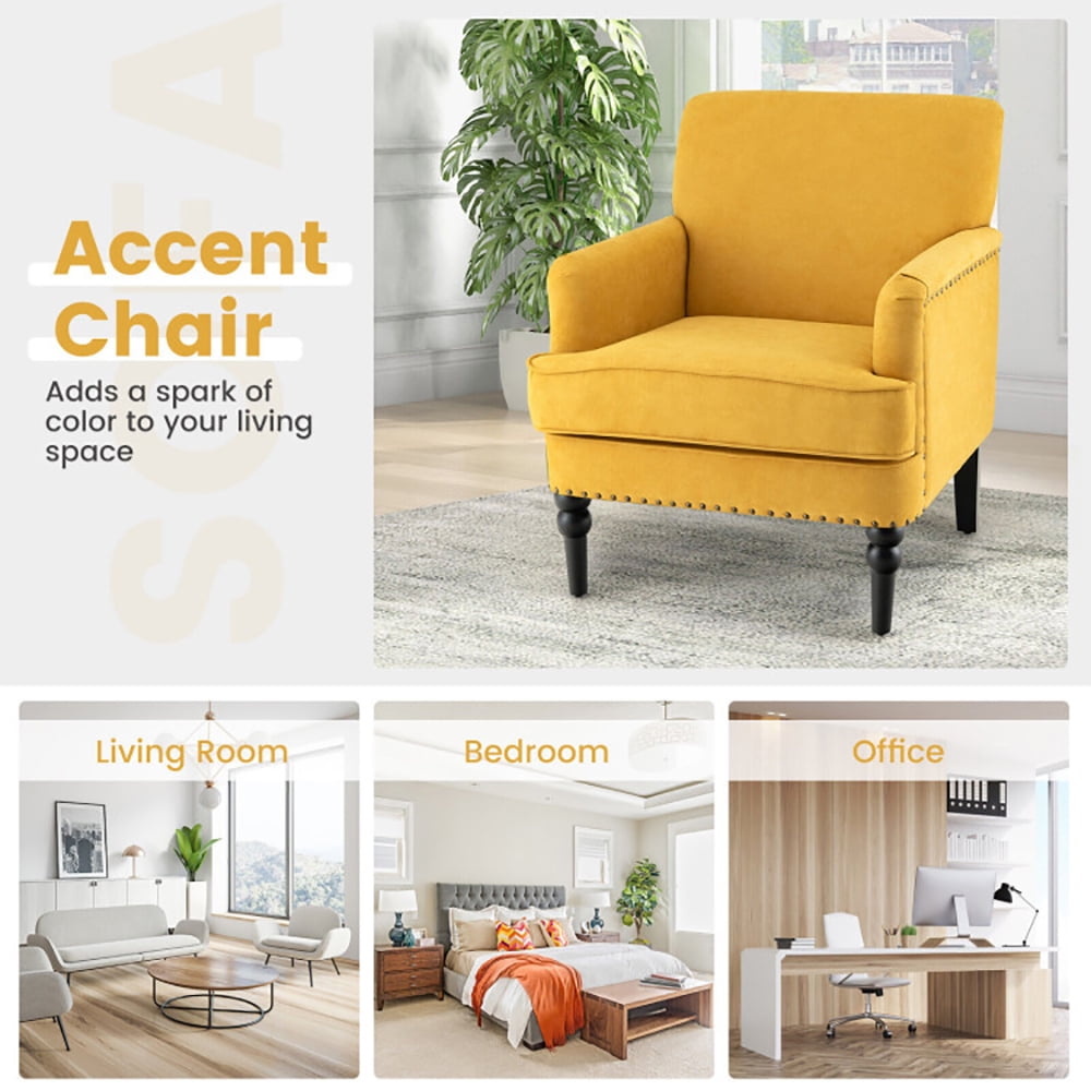 Finihen Upholstered Accent Armchair, Modern Upholstered Padded Accent Chair with Rubber Wood Legs, for Living Room, Bedroom, Yellow