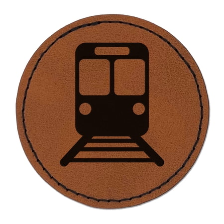 Train Tram Rail Railway Station Icon 2.5" Faux Leather Round Engraved Iron-On Patch - Brown