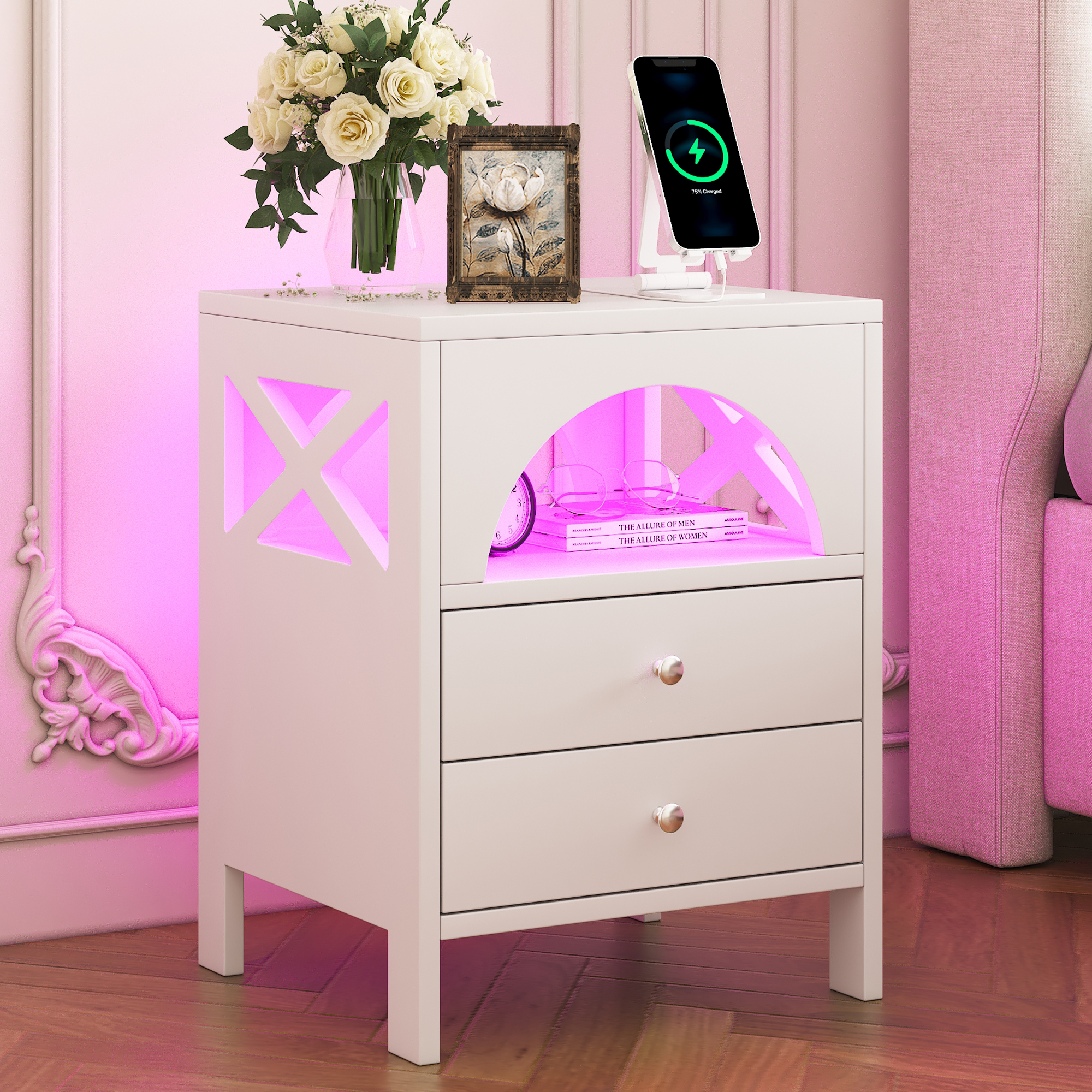 Modern High Gloss Nightstand with 2 Drawers, Bedside Table with 16 RGB