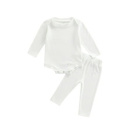 

Binpure 2 Pcs Newborn Ribbed Pants Set Toddler Solid Color Long Sleeve Round Neck Bodysuit + Trousers