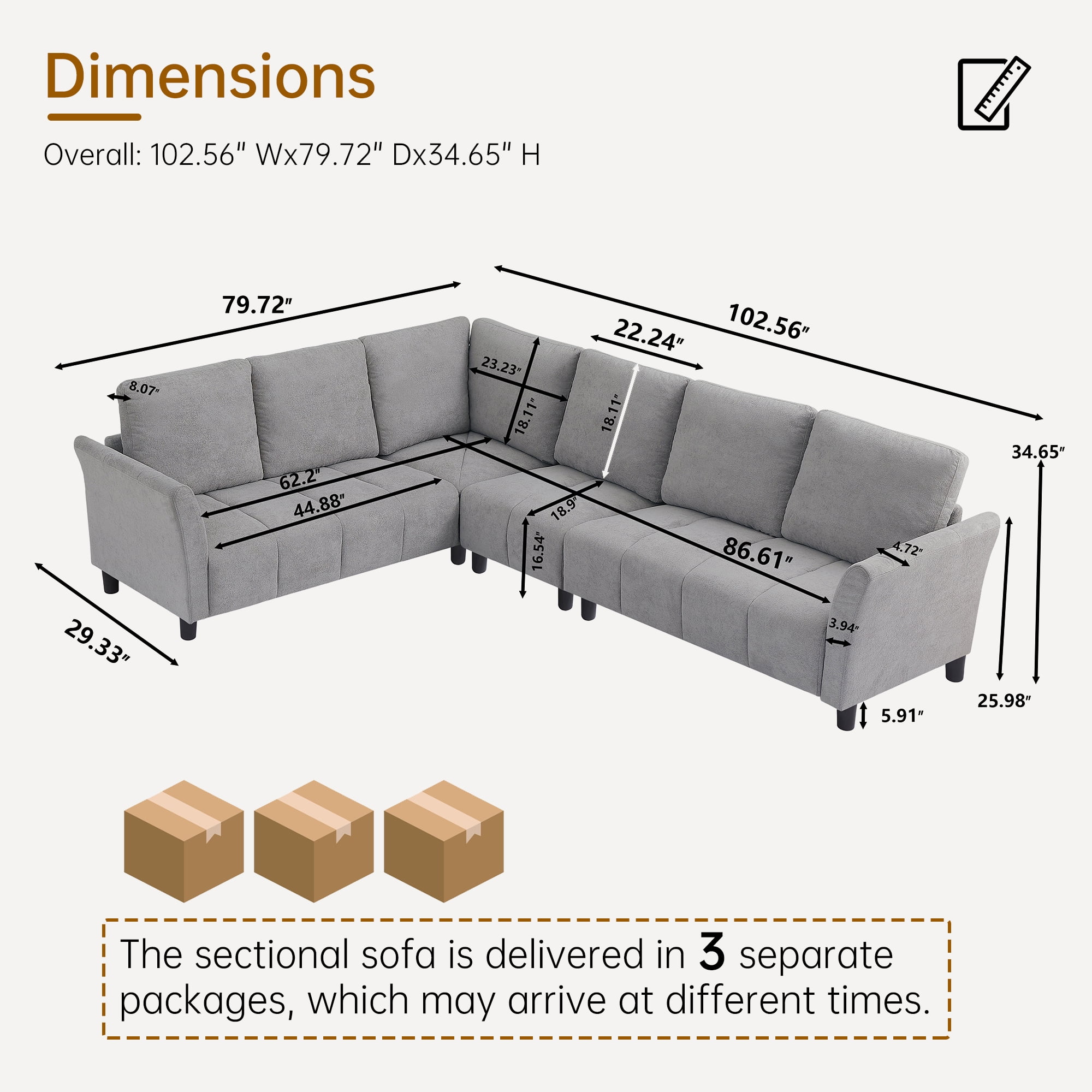 Pingliang Home 102" Convertible Sectional Sofa Couch,Upholstered Oversized Modern 6 Seat L Shaped Couch Corner Sofa Reversible Sofa Set for Living Room Apartment Office Studio