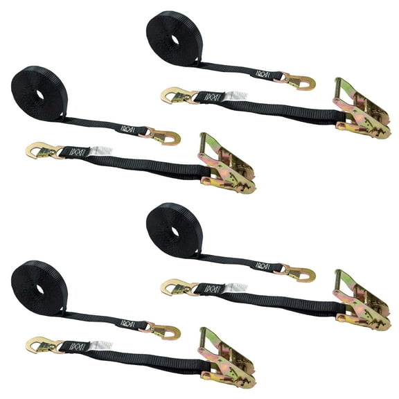 1" x 20' Ratchet Strap w/ Flat Snap Hooks (Black) - 4 Pack