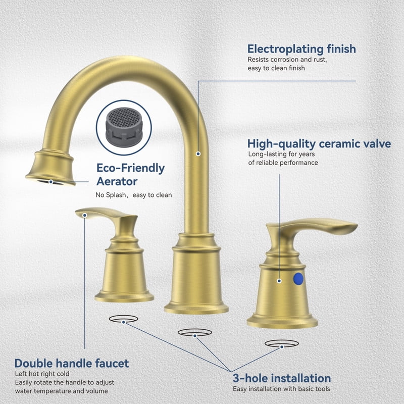 AUKTOPT Bathroom Faucet 3 Hole, 10 Inch Widespread Bathroom Faucet with Metal Pop-up Drain Assembly, Two Handle Vanity Faucet, Brushed Gold