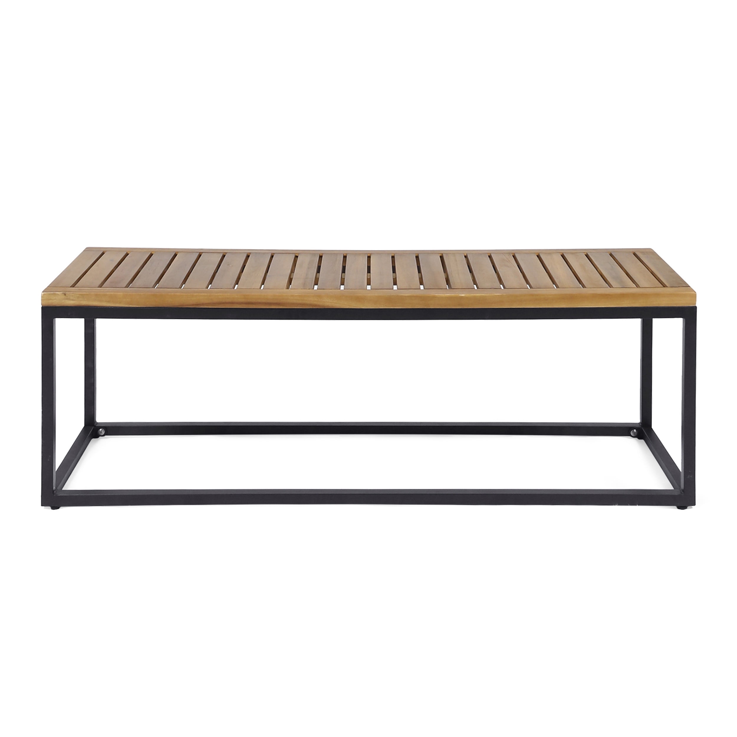 Outdoor Industrial Style Leisure Bench, Wood and Metal Combined Rest Seat for Patio Garden, Teak and Black