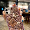 thumbnail image 2 of Funda protectora transparente hecha a mano con perfume de diamantes de imitación de cristal brillante de lujo para Iphone 13 Pro Max Case, (rosa) Feliz Sencillez, 2 of 5