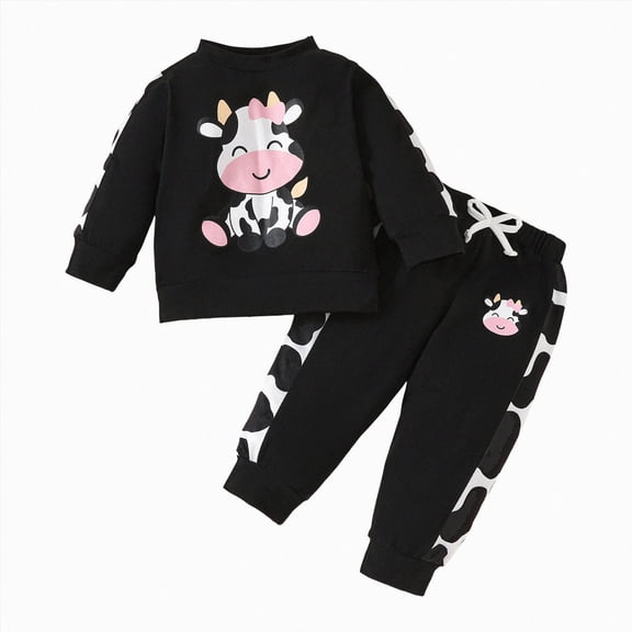 WUANDIXFA Toddler Winter Clothes 6 9 12 18 24 Months 2T 3T Toddler Baby Girl Fall Outfits Sweatshirt Pants Set 2 Pieces Cartoon Print Tops Jogger Pants,Black,18-24 Months