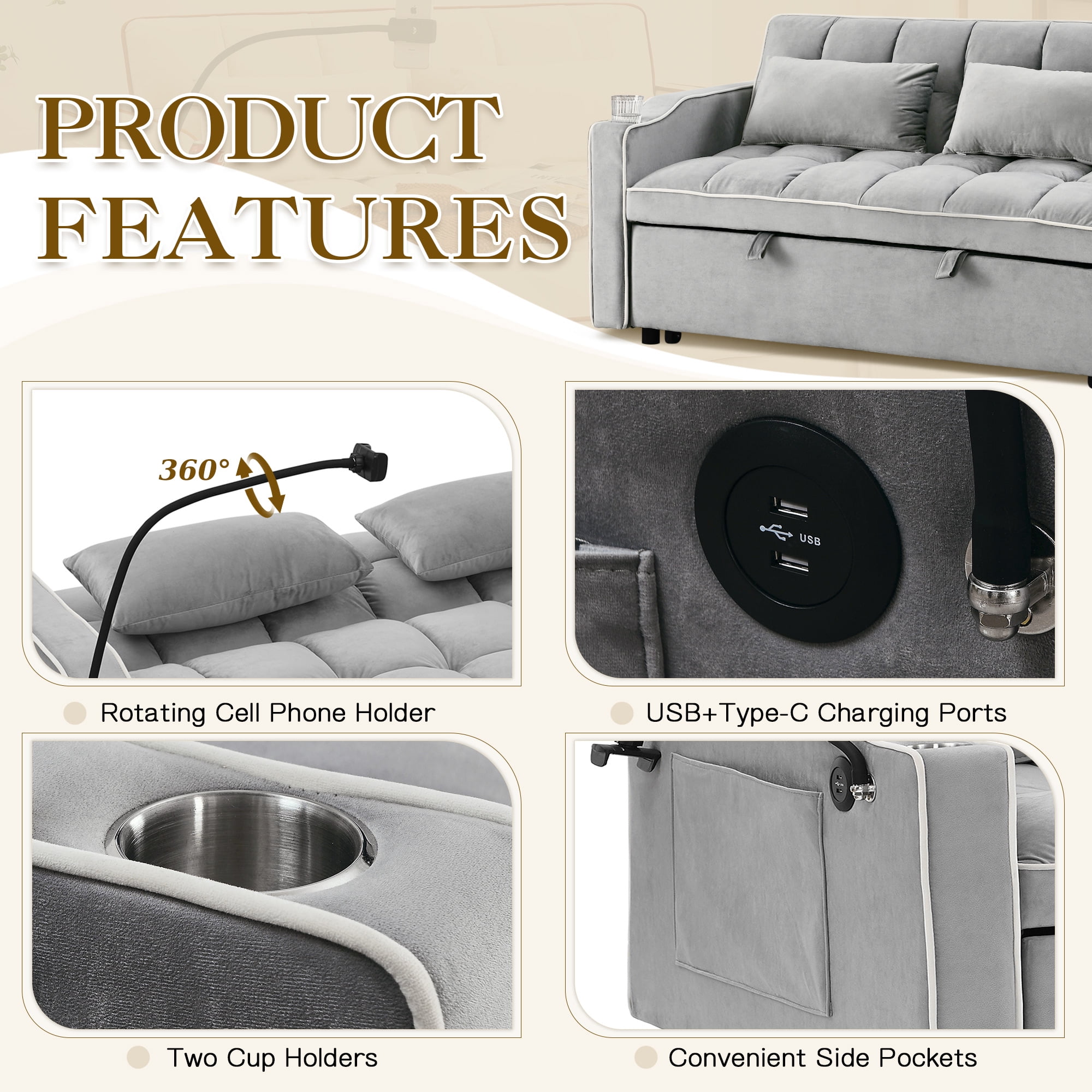 Dinosisco 3-in-1 Convertible Futon Sofa Bed, Loveseat Sleeper with Phone Stand, USB, Gray Velvet