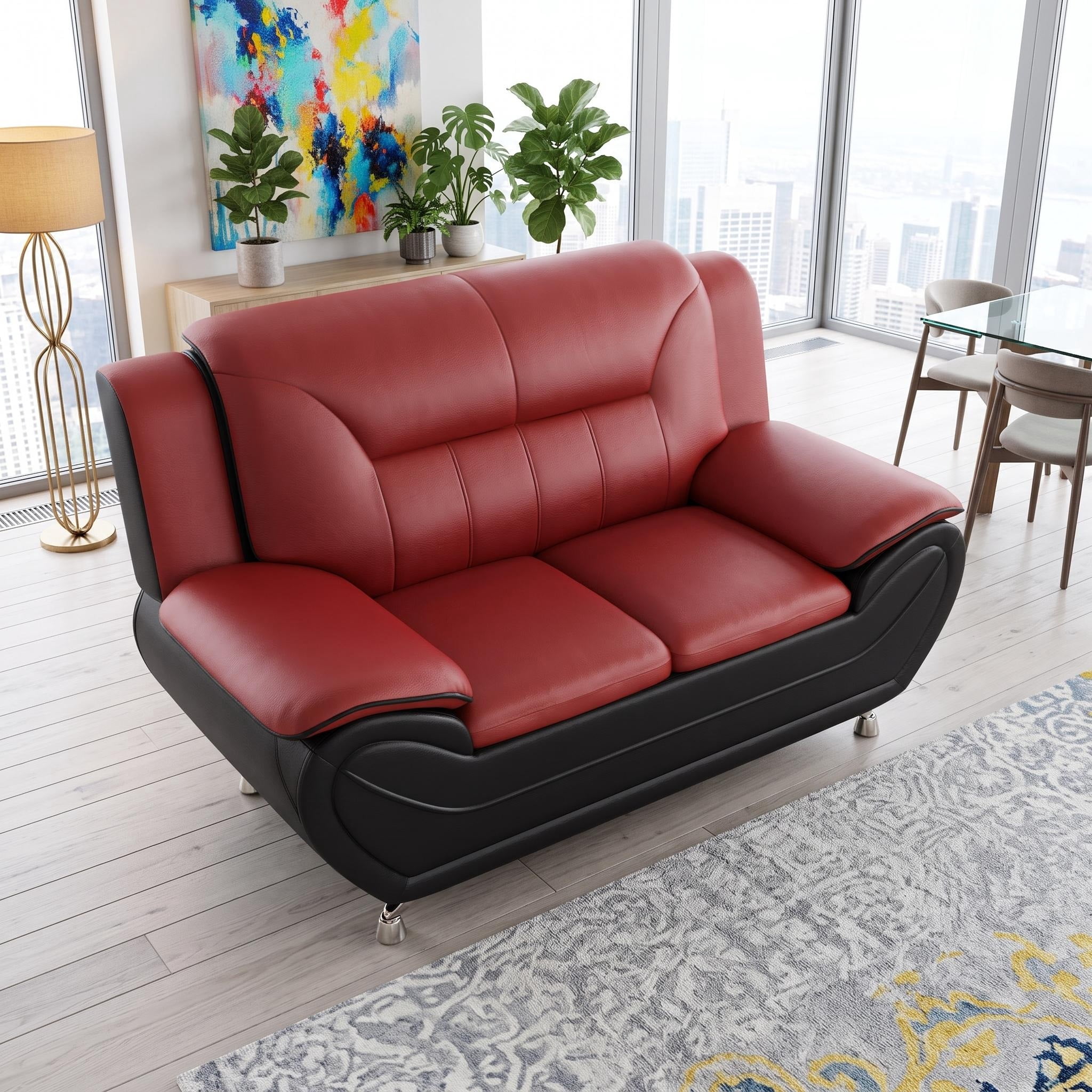 Wakefit 61"W Modern Faux Leather Loveseat,Upholstered 2-Seater Sofa Couch with Stainless Steel Legs for Living Room,Apartments,Red & Black
