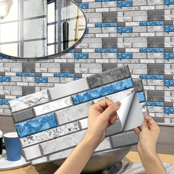 6Pcs Self Adhesive Tiles Stickers Blue & Gray Marbling Wall Decals 11.8x5.9inch Waterproof Peel and Stick Backsplash Mosaic Brick Wallpaper