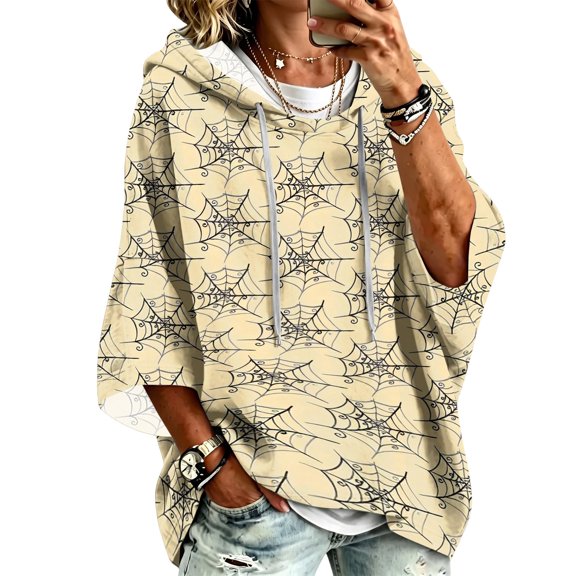 FGVCTG Halloween Sweatshirts for Women Drawstring 3/4 Sleeve Halloween Hoodie Ghost Graphic Spooky Oversized Pullover Hoodies Beige M