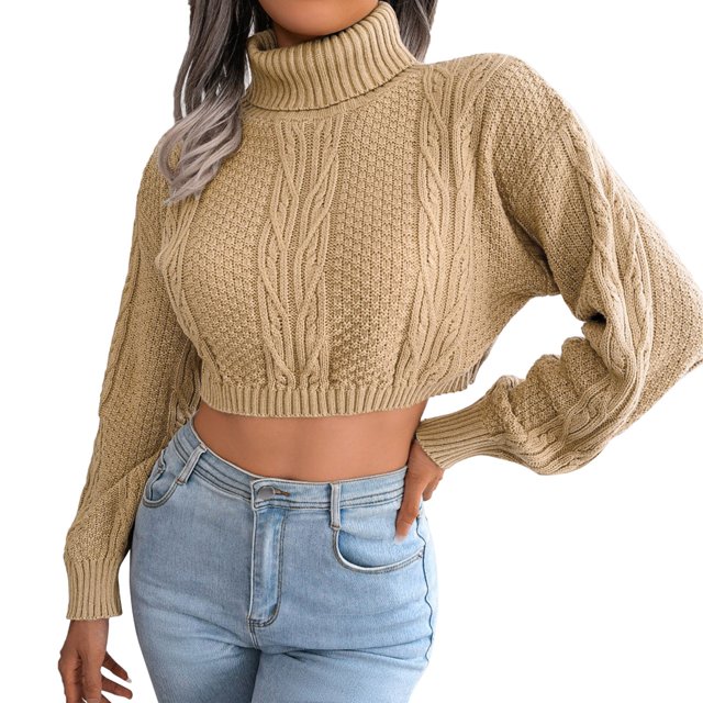 Gibobby Suéter de Cuello Alto para Mujer, Suéter Corto de Cuello Alto para Mujer(Caqui,G)