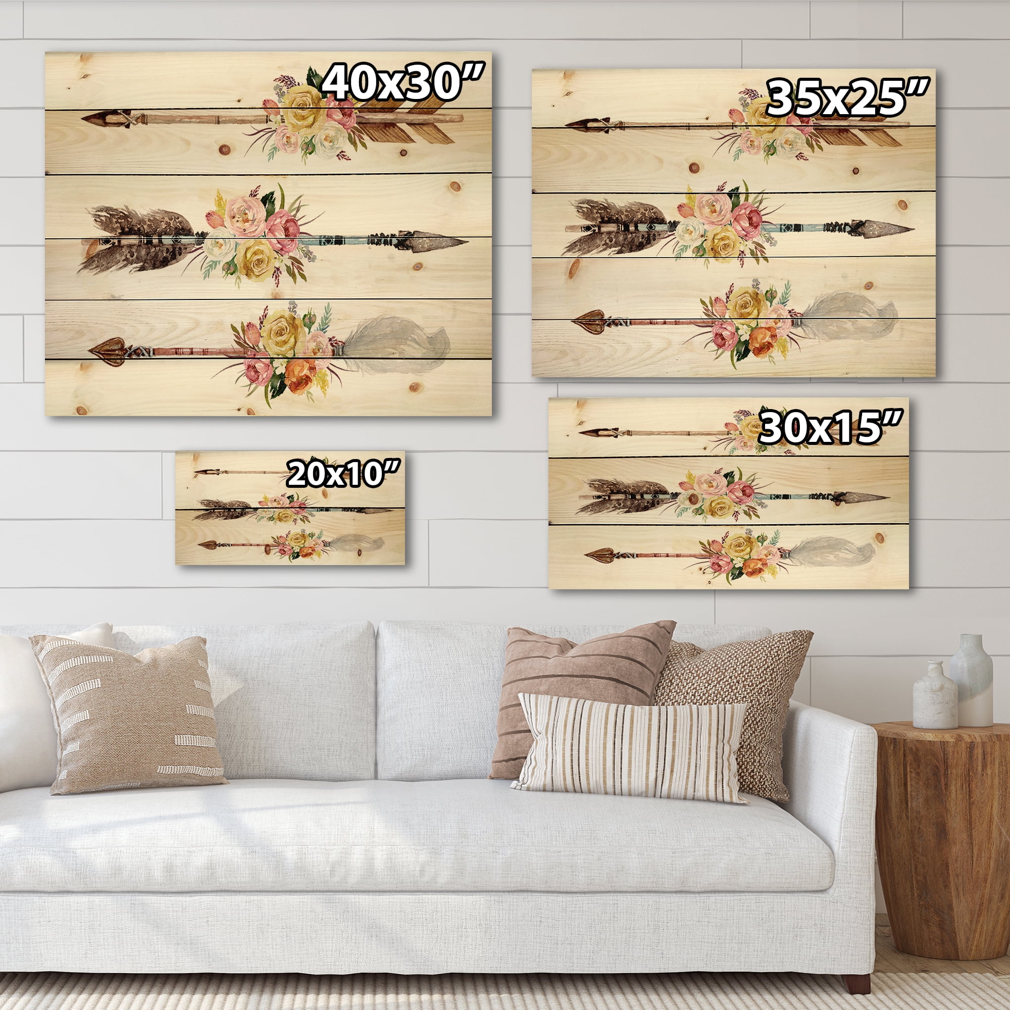 Designart 'Flowers and Ethnic Feathers On Native Arrows II' Bohemian & Eclectic Print on Natural Pine Wood