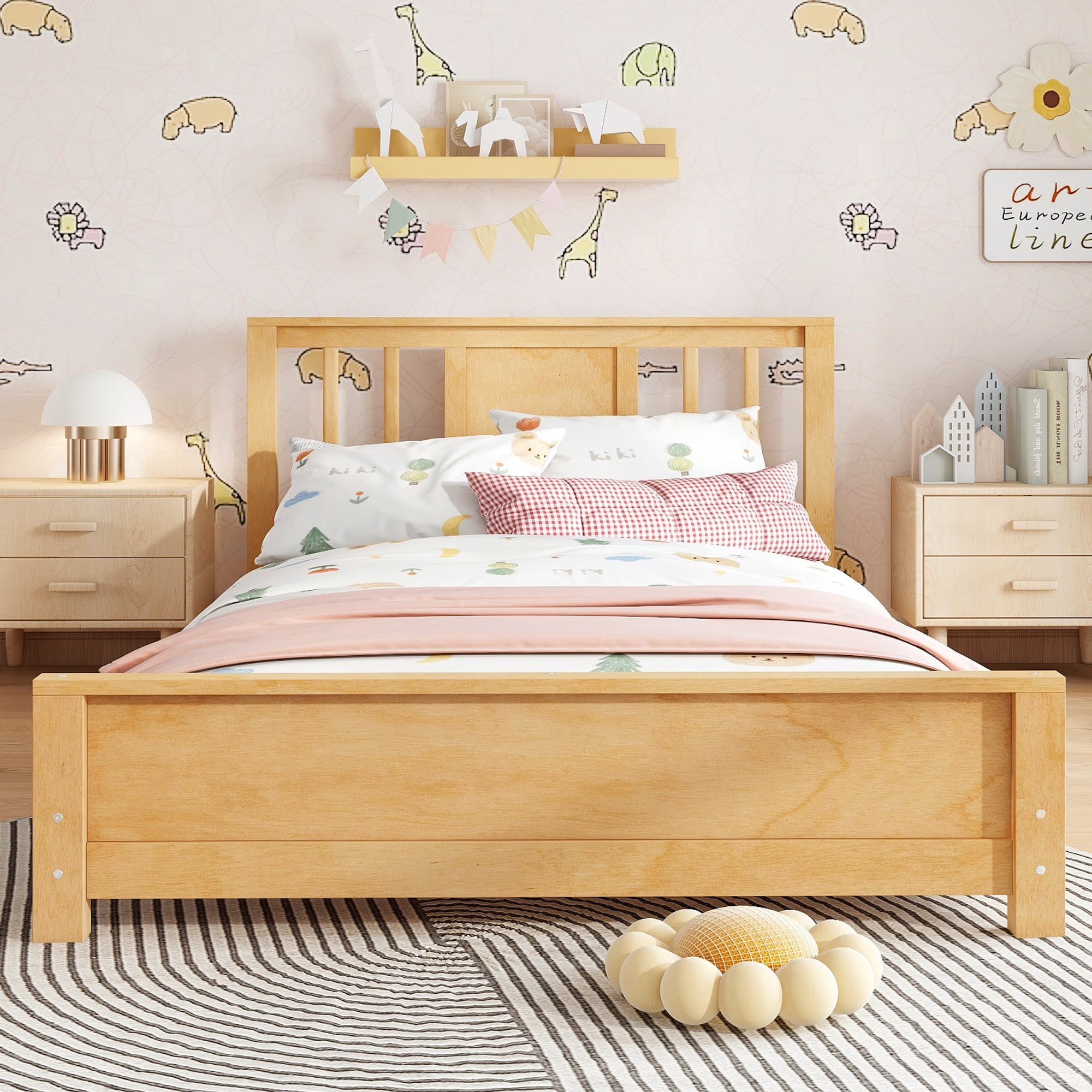 Miniyam Twin Bed Frame, Low Profile White Wood Platform Bed with Headboard, Footboard and Slat Support, Natural